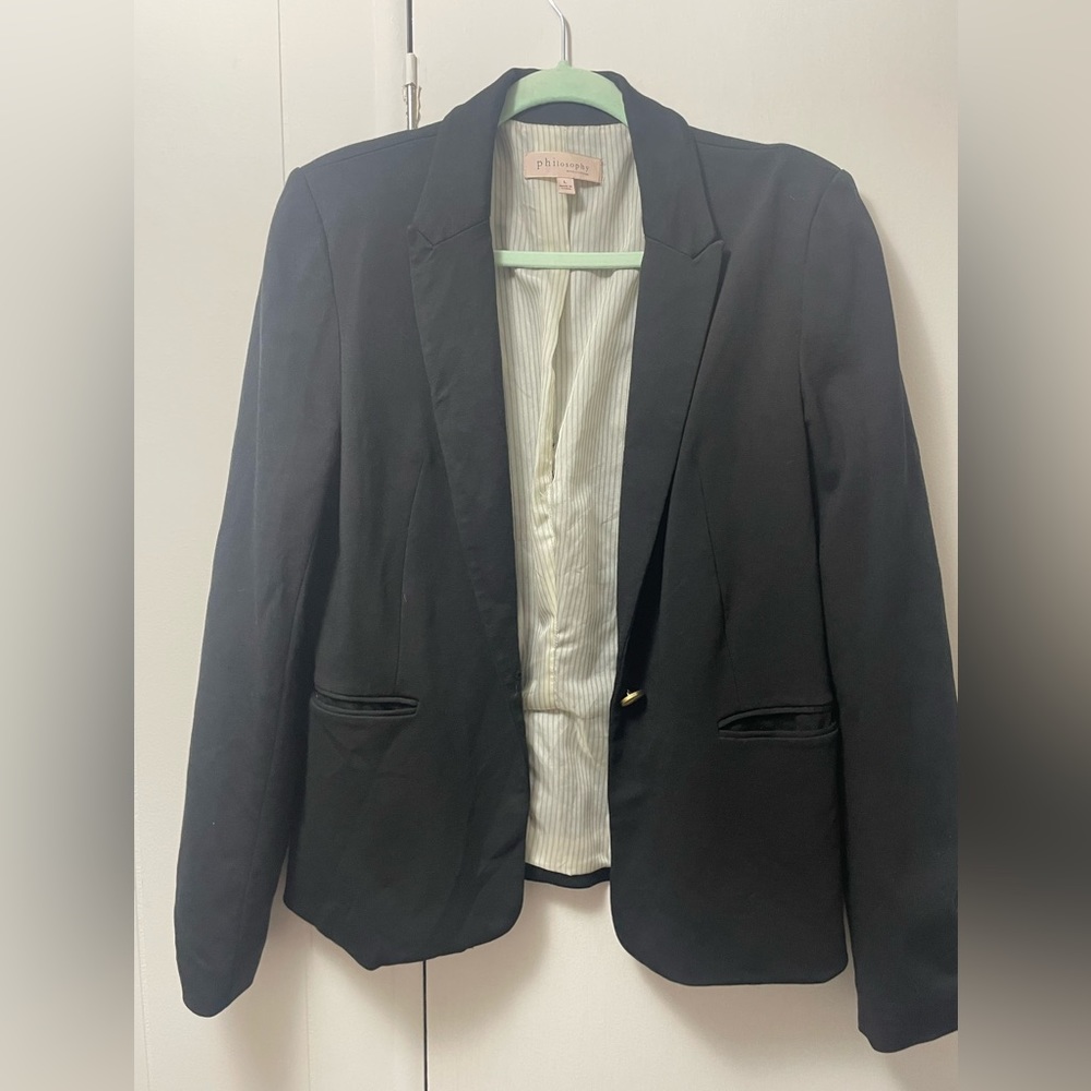 Philosophy blazer, size L, black, torn liner